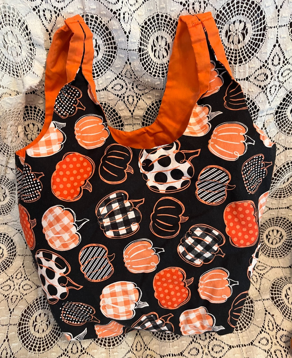 Vintage Handmade Fabric Foldable Black Orange White Pumpkin Halloween Candy Bag